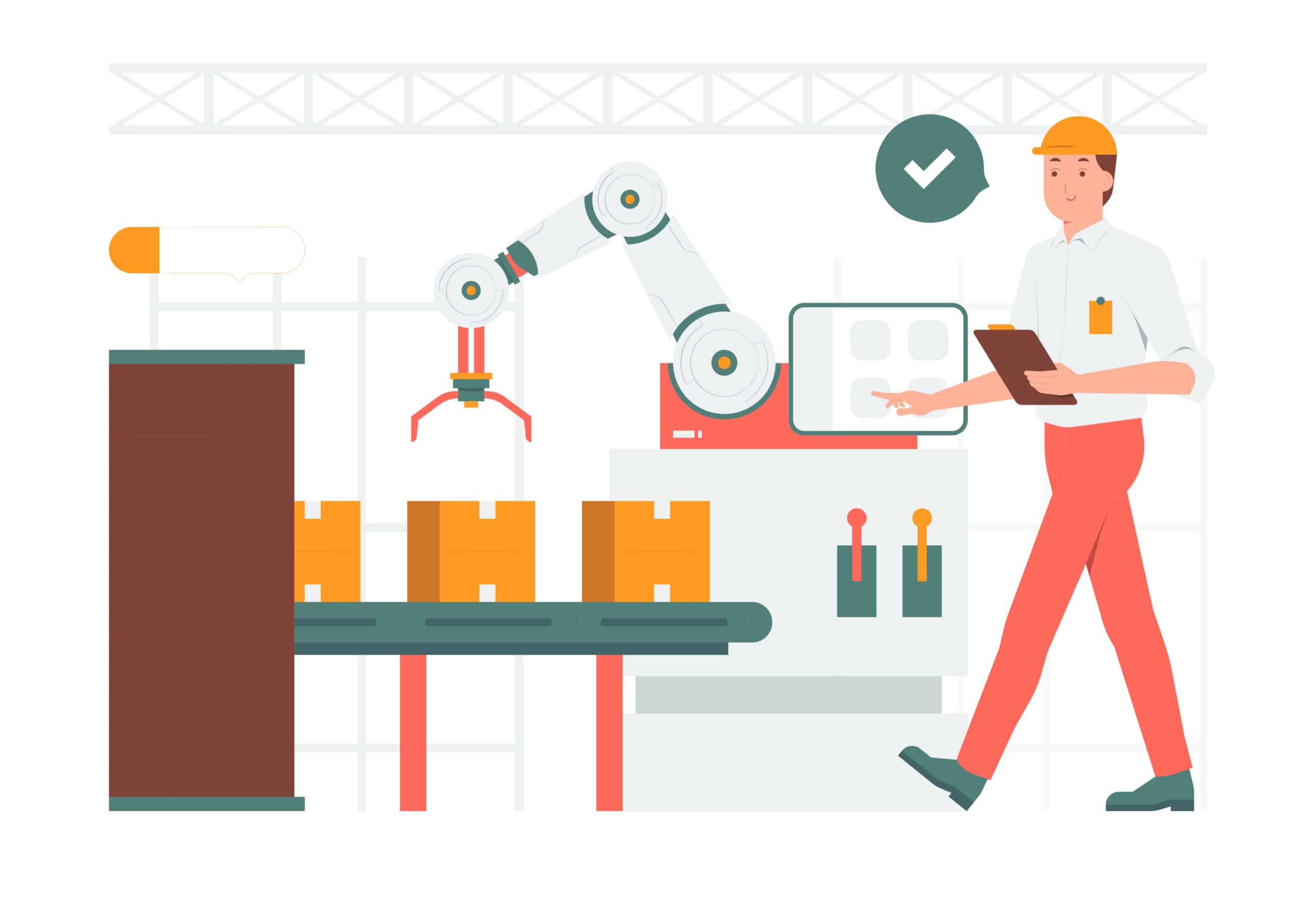 Worker alongside automated machinery, illustrating the difference between automating tasks and redesigning jobs.